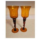 Pair of Amber Glass Hurricane Candle Holders with
