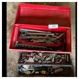 Red Metal Toolbox with Assorted Tools