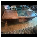 Vintage Oak Coffee Table with Glass Top and Storag