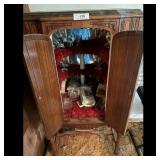 Antique Wooden Bar Cabinet with Glassware and Acce