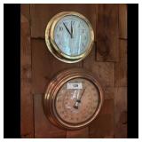 Vintage Brass Clock and Thermometer Set