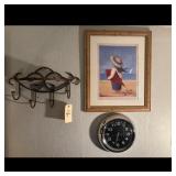 Framed Nautical Art, Wall Clock, and Coat Rack Set