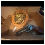 Vintage Ships Wheel Clock and Revolver Prop