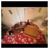 Vintage Decorative Items: Lamp, Wooden Box, and Wo