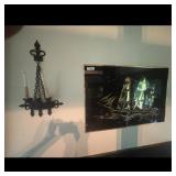 Vintage Ship Art & Ornate Candle Sconce Set