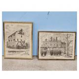 Two Framed Pen and Ink Drawings of Old Mills