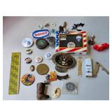 Assorted Collectible Lot: Belt Buckle, Pins, Light
