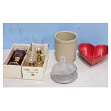 Baldwin Glass Candle Holders, Stoneware Crock, and