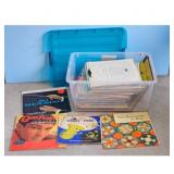 Lot of Vintage Vinyl Records and Storage Bin
