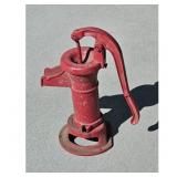 Vintage Red Cast Iron Hand Water Pump with Base