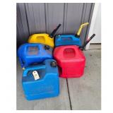 Lot of 5 Plastic Gas Cans - Red, Blue, Yellow