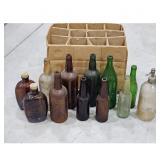 Vintage Glass Bottles Collection with Cardboard Ca