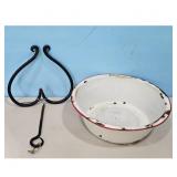 Vintage Enamel Wash Basin with Metal Heart-Shaped