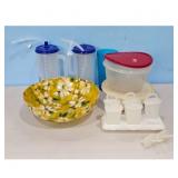Plastic Floral Bowl and Kitchenware Lot