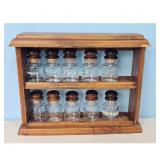 Vintage Wooden Spice Rack with 10 Glass Jars