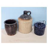 Stoneware Crock Jug and Blue Speckled Crock w/lid