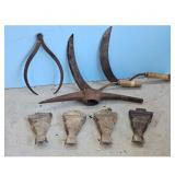 Vintage Farm Tools Lot - Pickaxe, Scythe, Caliper