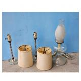 Vintage Glass Oil Lamp & 2 Clear Glass Table Lamps