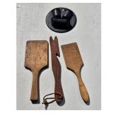 Vintage Wooden Butter Paddles & Metal Match Safe