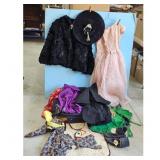 Vintage Costume Lot - Black Fur Jacket, Pink Dress