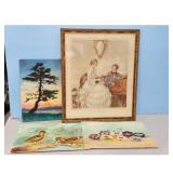 Lot of 4 Framed Art Pieces: Landscape, Violin Scen