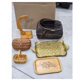 Lot of 4 Wicker Baskets, Trays, and Banana Hanger
