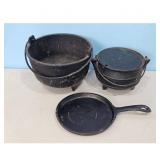 Cast Iron Skillet and (2) 3-Footed CI Pots