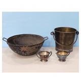 Vintage Brass Bucket and Metal Wok & Silver Plate