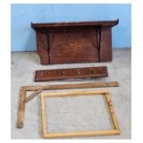 Vintage Wooden Wall Shelf with Hooks and Frame Pie