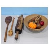 Wooden Bowl w/Fruit, & Wooden Utensils