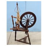 Antique Wooden Spinning Wheel with Wool
