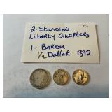 2-Standing Liberty Quarters, 1 Barber 1/2D 1892