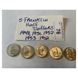 5- Franklin 1/2 dollars 48, 51, 2-52, 53