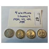 4- Walking Liberty 1/2 dollars 34, 39, 41, 44,