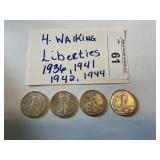 4- Walking Liberty 1/2 dollars. 36, 41, 42, 44