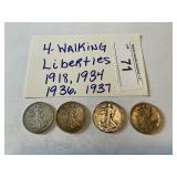 4- Walking Liberty 1/2 dollars 1918, 34,36, 37