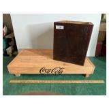 Coca-Cola wood shelf, misc wood box