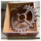 Vintage Cast Iron Gear Sprocket in Wooden Box