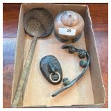 Lot of 4 Decorative Items: Wooden Sphere, Metal Ma