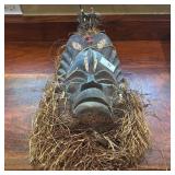 Vintage Tribal Carved Wood Mask with Straw Hair