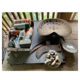 Vintage Tractor Seat, Assorted Cans, and Tools Lot