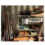 Lot of Assorted Cleaning Tools and Storage Shelvin