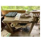 Wooden Work Bench with Assorted Contents