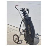 Vintage Wilson Golf Bag with Clubs and Push Cart