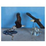 Pair of Bald Eagle Figurines, One on Rock Base, On