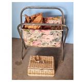 Vintage Sewing Basket with Stand and Floral Fabric