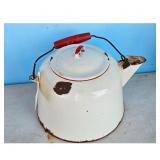 Vintage White Enamel Kettle with Red Handle