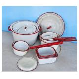 Vintage Enamelware Pot and Pan Set with Red Trim