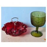 Vintage Red Hobnail Glass Footed Candy Dish & Gree