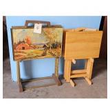Vintage TV Tray Set with Barn Scene - Wood and Bra